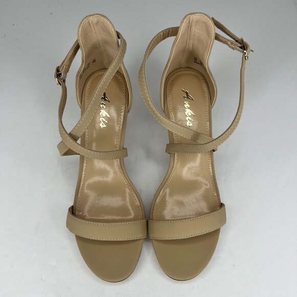 Ankis Womens Nude Gold Cross Strappy Heels Peep Toe Buckle Size 7.5 Stiletto - Picture 4 of 11